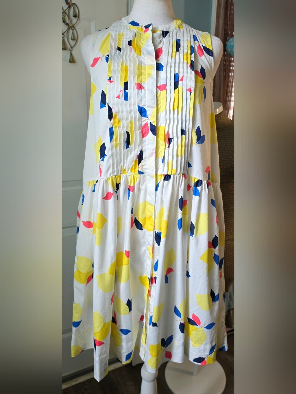 Kate Spade Lemon Zest Sleeveless Shirt Dress Womens S White Yellow Blue Cotton B